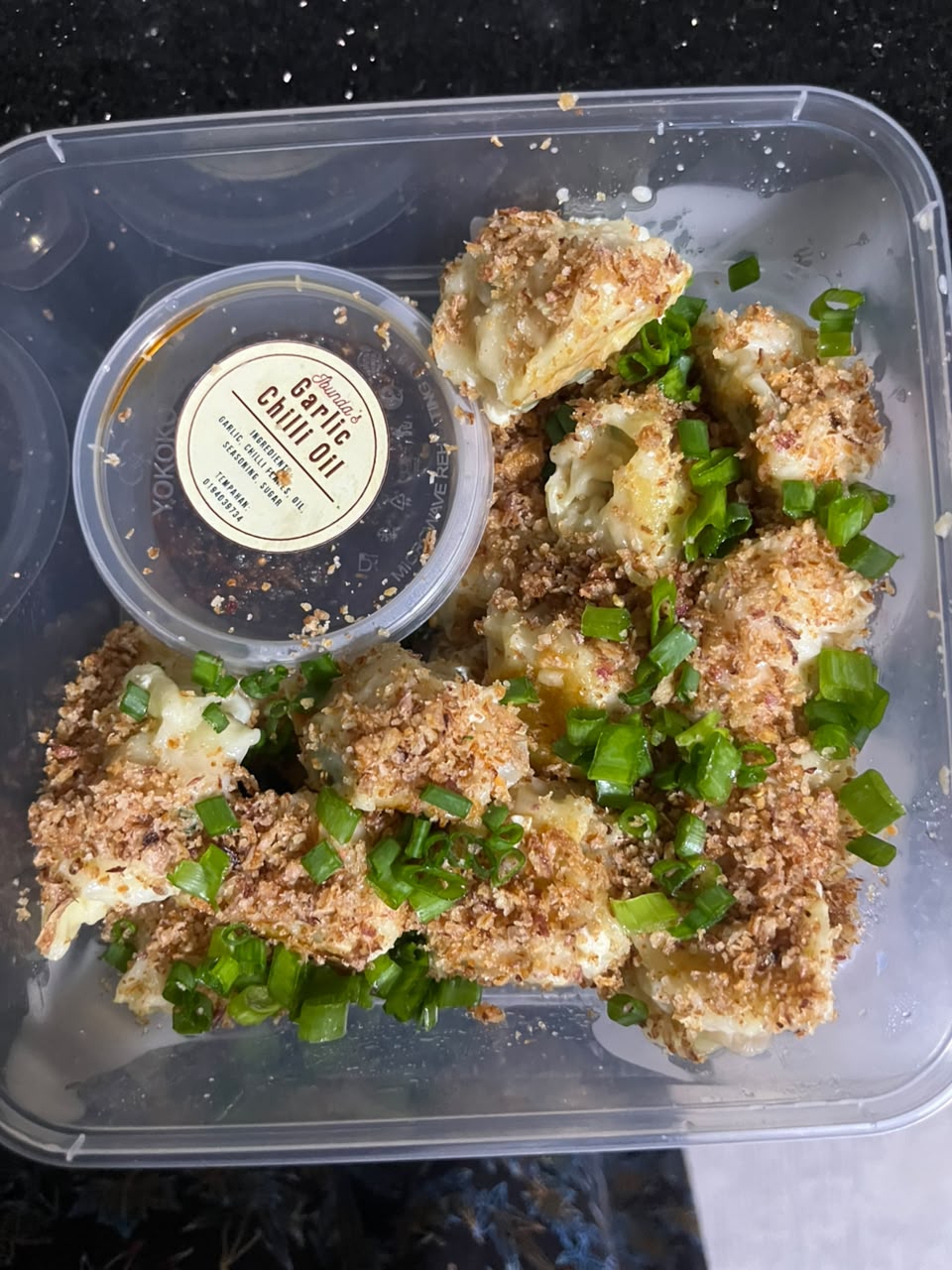 Chicken dumplings with garlic chili oil, freshly prepared by DapurBonda